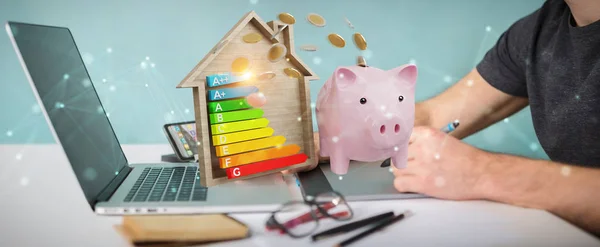 Grafisch Ontwerper Onscherpe Achtergrond Geld Besparen Met Goede Energie Grafiek — Stockfoto