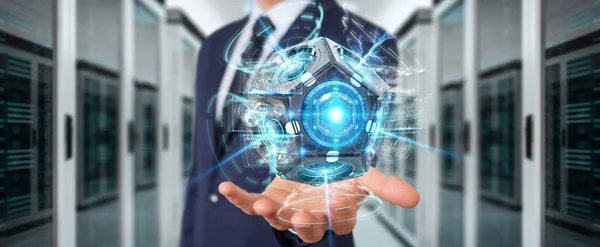 Geschäftsmann Auf Verschwommenem Hintergrund Mit Futuristischer Drohnen Überwachungskamera Rendering — Stockfoto