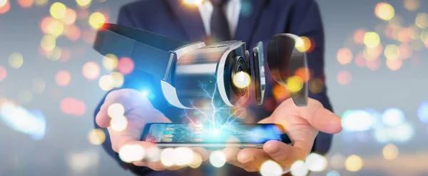 Businessman Blurred Background Using Virtual Reality Glasses Technology Rendering — Stock Photo, Image