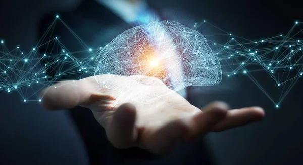 Επιχειρηματίας Χρησιμοποιώντας Ψηφιακή Ακτινογραφία Ανθρώπινου Εγκεφάλου Διεπαφή Δραστηριότητα Των Κυττάρων — Φωτογραφία Αρχείου