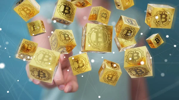 İş kadını bitcoins cryptocurrency 3d rendering kullanarak arka plan bulanık üzerinde