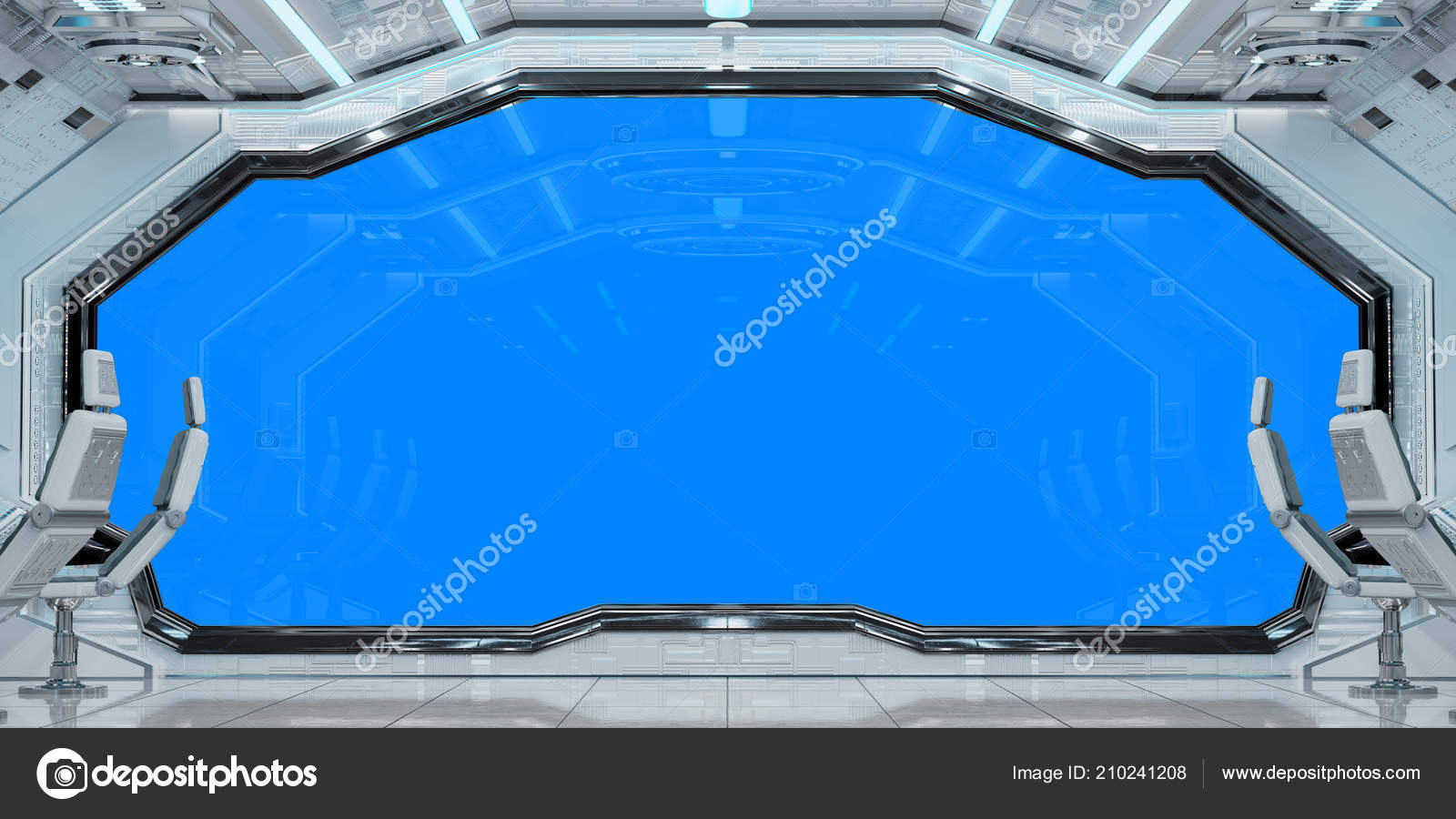 White Clean Spaceship Interior Blue Background Rendering