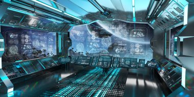 Mavi uzay gemisi iç denetim masası ekranlar 3d render ile uzayda