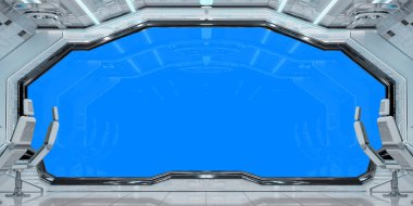 Mavi arka plan 3d render ile beyaz temiz uzay gemisi iç