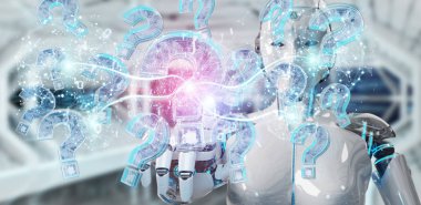 Cyborg bulanık arka plan dijital soru işaretleri 3d render ile sorun çözme