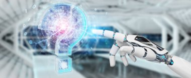 Cyborg bulanık arka plan dijital soru işaretleri 3d render ile sorun çözme