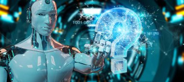 Cyborg bulanık arka plan dijital soru işaretleri 3d render ile sorun çözme