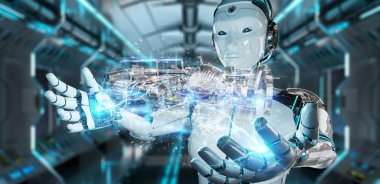 Cyborg tel kafes sanal 3d dijital projeksiyon bir Engine kullanarak arka plan bulanık üzerinde
