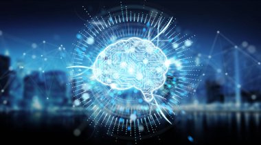 Dijital yapay zeka simgesi hologram üzerinde mavi şehir arka plan 3d render