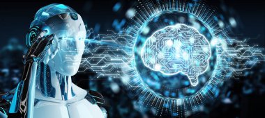 Dijital yapay zeka simgesi hologram 3B oluşturmayı kullanarak bulanık arka plan üzerinde beyaz insanımsı