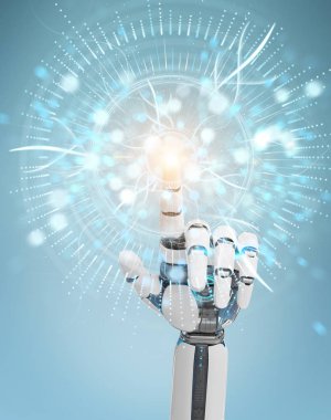 Beyaz cyborg el dijital göz gözetim hologram 3B oluşturmayı kullanarak arka plan bulanık üzerinde