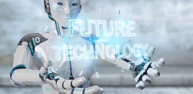 Geleceğin teknolojisi metin hologram 3B oluşturmayı kullanarak arka plan bulanık beyaz kadın robot