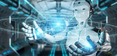 Dijital üçgen patlayan küre hologram 3B oluşturmayı kullanarak arka plan bulanık beyaz robot kadına