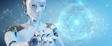 Dijital küre bağlantısı hologram 3B oluşturmayı kullanarak arka plan bulanık beyaz robot kadına
