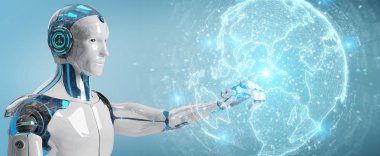 Dünya ağ hologram Amerika ABD harita 3d render ile kullanarak arka plan bulanık beyaz robot