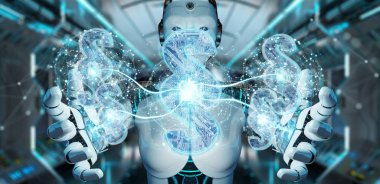 Cyborg Yargıç 3d işleme dijital paragraf hukuk simgesini kullanarak arka plan bulanık üzerinde