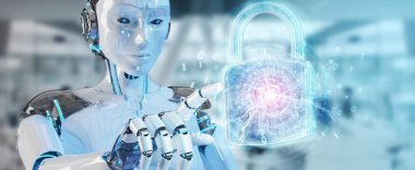 Arka plan bulanık 3d render robot tarafından kullanılan web güvenlik koruma arayüzü