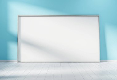Ahşap iç 3d render mavi bir duvara yaslanmış büyük yatay çerçeve