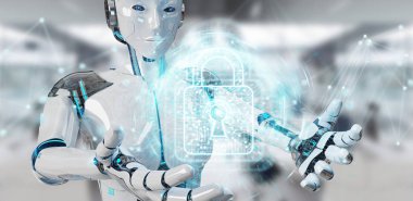 Dijital veriler 3B oluşturmayı güvence arka plan bulanık beyaz kadın robot