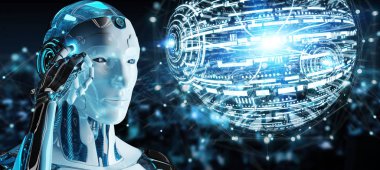 Dijital dünya hud arabirimi 3d rendering kullanarak arka plan bulanık beyaz erkek robot