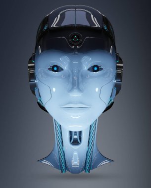 Cyborg baş yapay zeka üzerinde gri arka plan 3d render izole