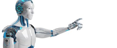 Beyaz arka plan üzerinde 3d render izole onun parmak işaret beyaz erkek cyborg