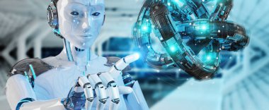 Geleceğin teknolojisi yapısı 3d render oluşturma bulanık arka plan üzerinde beyaz robot