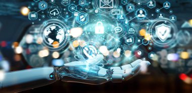 Beyaz robot el siber güvenlik veri arabirimi 3d rendering kullanarak arka plan bulanık üzerinde