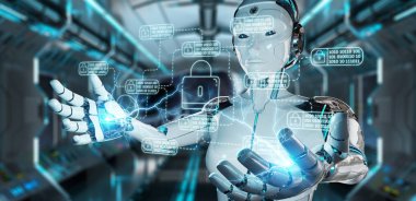 Kesmek ve özel siber veriler erişme bulanık arka plan üzerinde beyaz robot