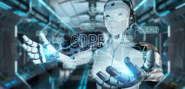 Kesmek ve Gdpr arabirimi erişim bulanık arka plan üzerinde beyaz robot