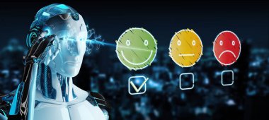 İnce çizgi müşteri memnuniyeti derecelendirme kullanarak bulanık arka plan üzerinde beyaz cyborg