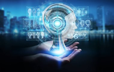 İşkadını dijital yapay zeka arabirimi 3d rendering kullanarak arka plan bulanık üzerinde