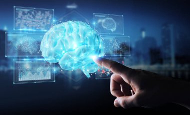 İnsan beyninin 3d render Dijital 3d projeksiyon kullanarak arka plan bulanık üzerinde işadamı