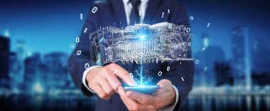 Max, bir motorun tel kafes sanal 3d dijital projeksiyon istimal hareket eden telefon ile işadamı