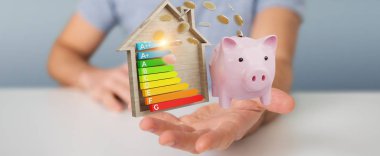 İşadamı iyi enerji grafik rating 3d render ile para tasarrufu bulanık arka plan üzerinde