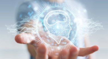 İşadamı dijital yapay zeka simgesi hologram 3B oluşturmayı kullanarak arka plan bulanık üzerinde