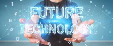 Geleceğin teknolojisi metin arabirimi 3d rendering kullanarak arka plan bulanık üzerinde işadamı