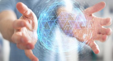 İşadamı dijital üçgen küre hologram 3d render patlayan kullanarak arka plan bulanık üzerinde