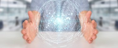 İşadamı dijital üçgen küre hologram 3d render patlayan kullanarak arka plan bulanık üzerinde