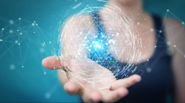 İşkadını dijital üçgen küre hologram 3d render patlayan kullanarak arka plan bulanık üzerinde