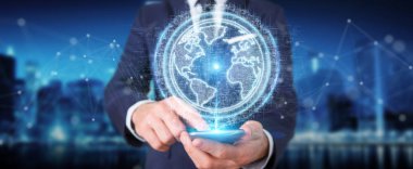 İşadamı üzerinde küre ağ hologram Amerika ABD harita 3d render ile kullanarak arka plan bulanık