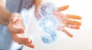 İşadamı 3d işleme dijital paragraf hukuk simgesini kullanarak arka plan bulanık üzerinde