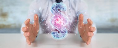 İşadamı 3d işleme dijital paragraf hukuk simgesini kullanarak arka plan bulanık üzerinde