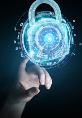 İşkadını bulanık arka planda 3d render tarafından kullanılan web güvenlik koruma arayüzü
