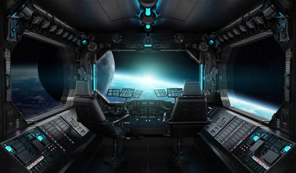 Nave Espacial Grunge Interior Com Vista Sobre Planeta Terra Elementos — Fotografia de Stock