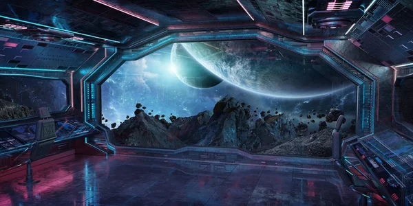 Grunge Statek Kosmiczny Niebieskie Różowe Wnętrza Widokiem Odległych Planetach Systemu — Zdjęcie stockowe