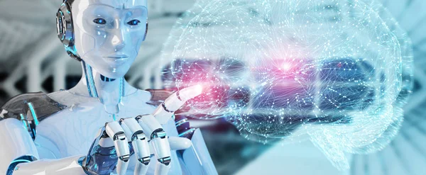 White Man Humanoid Blurred Background Creating Artificial Intelligence Rendering — Stock Photo, Image