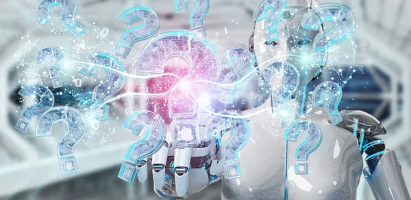 Cyborg Auf Verschwommenem Hintergrund Lösung Von Problemen Mit Digitalen Fragezeichen — Stockfoto