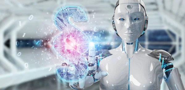 Cyborg Κρίνουμε Θολή Φόντο Χρησιμοποιώντας Ψηφιακή Σκέψη Απόδοση Δικαίου Σύμβολο — Φωτογραφία Αρχείου