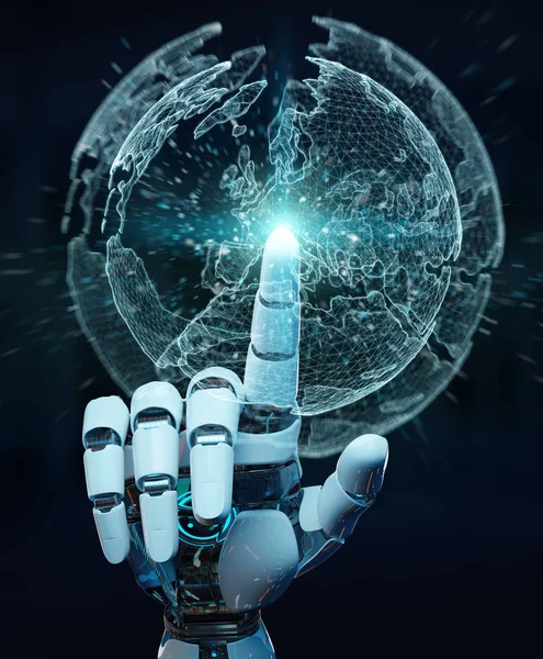 Λευκό Ρομπότ Χέρι Στην Θολή Φόντο Χρησιμοποιώντας Ψηφιακή Οθόνη Διασύνδεση — Φωτογραφία Αρχείου